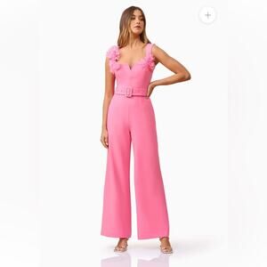 elliatt kiara pink 3d floral applique wide leg belted jumpsuit romper small NEW
